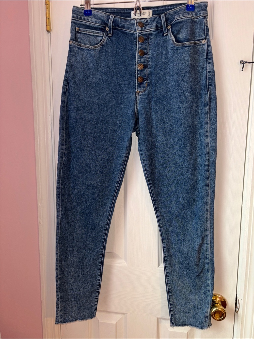 10R Abercrombie & Fitch High-Rise Button-Fly Denim — Medium Dark Blue
